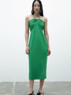 Zara Green Twist Front Halter Midi Dress Womens Medium Wedding Guest Minimalist